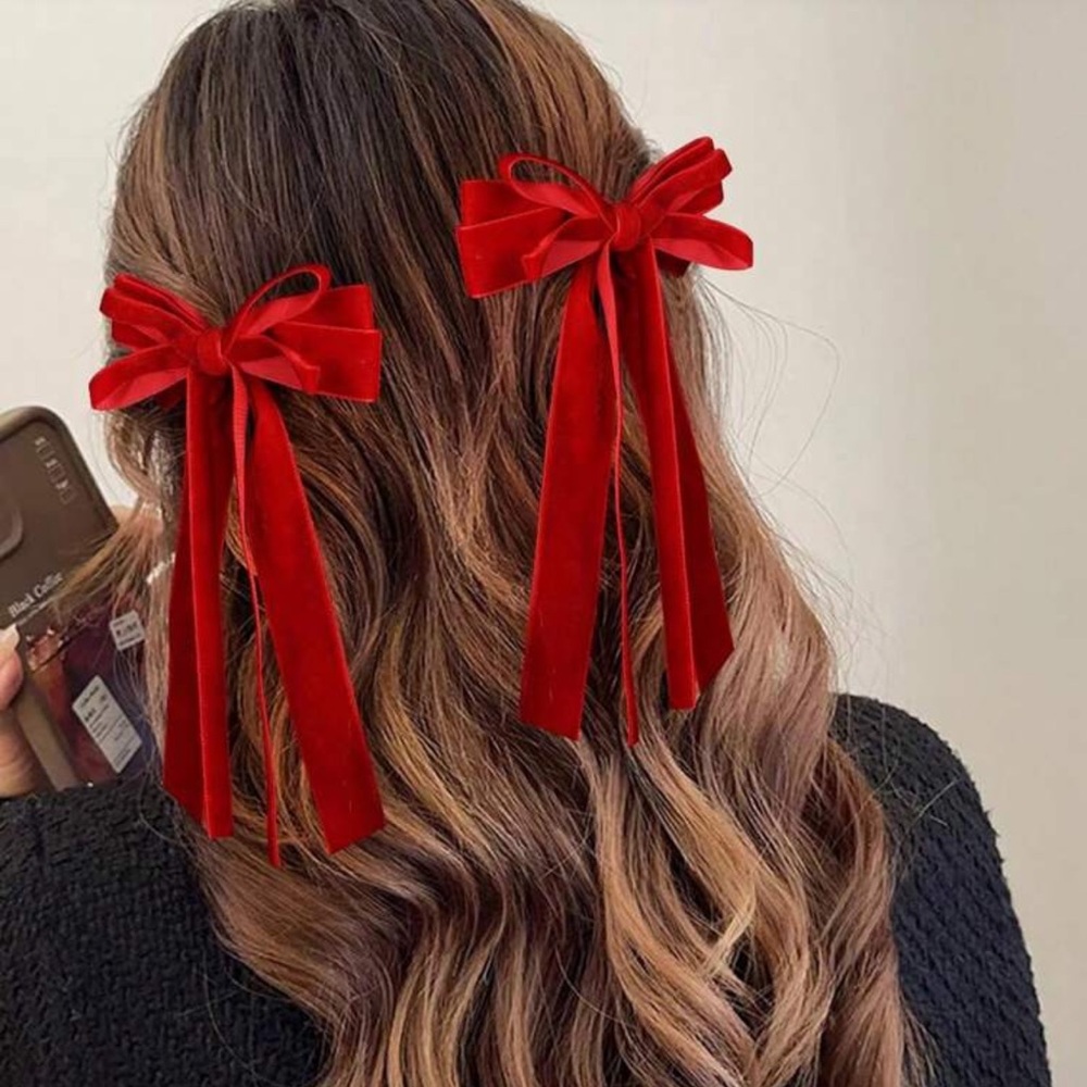 2pcs Red Velvet Hair Bow Clips With 2 Layers Ribbon Tails, Winter Accessories